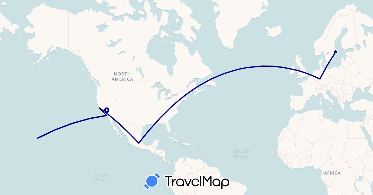 TravelMap itinerary: driving in Germany, Mexico, Sweden, United States (Europe, North America)
